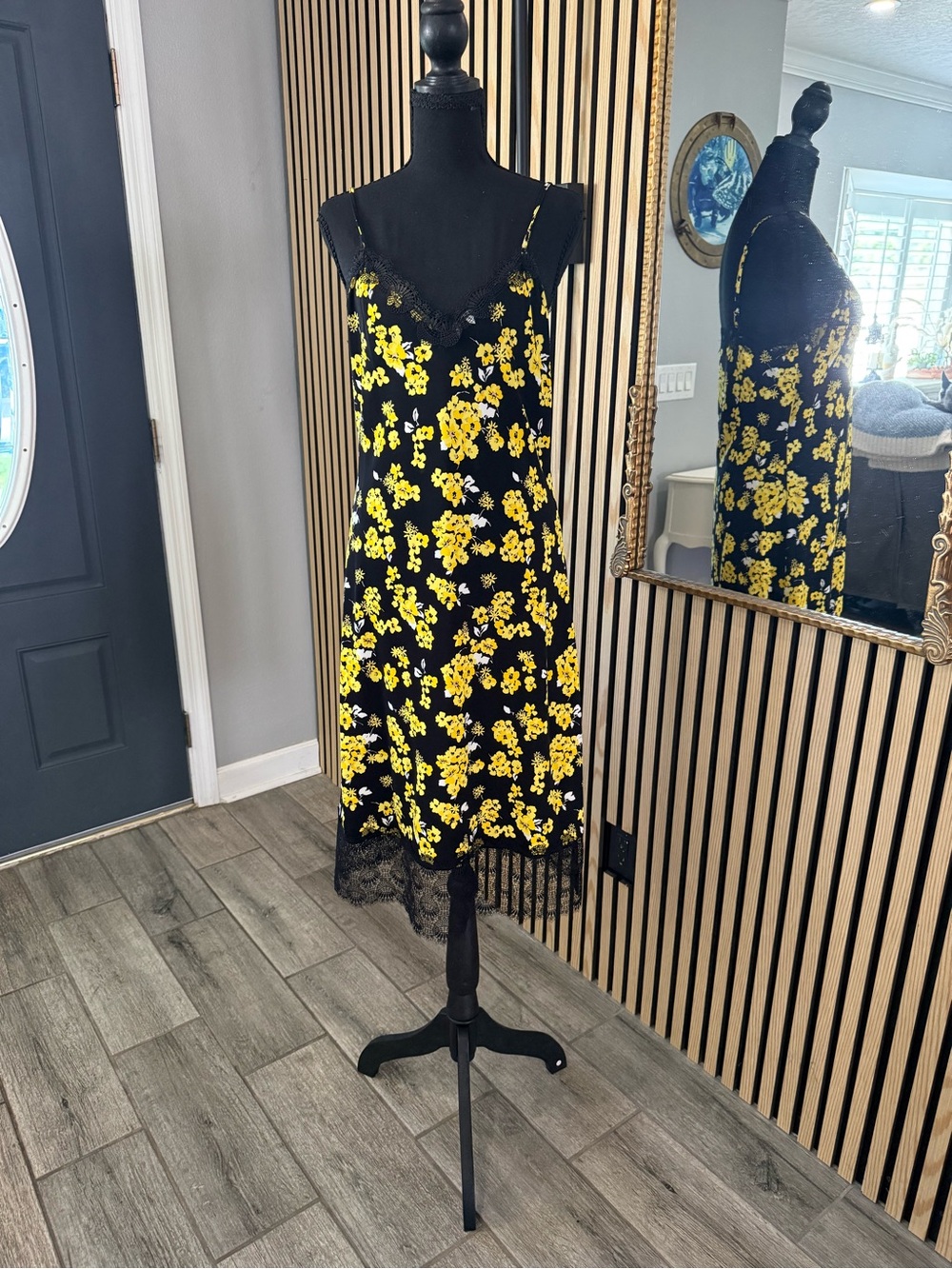 Michael Kors Black Slip Midi Dress with Yellow Floral Print